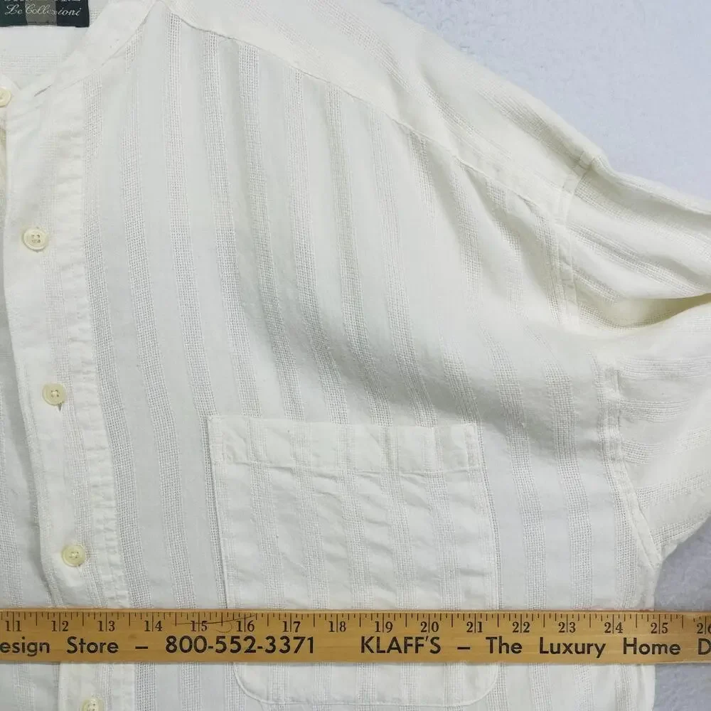 STRUCTURE Shirt Mens XL Cotton Dobby Striped Band Collar Button Up Off White VTG_8